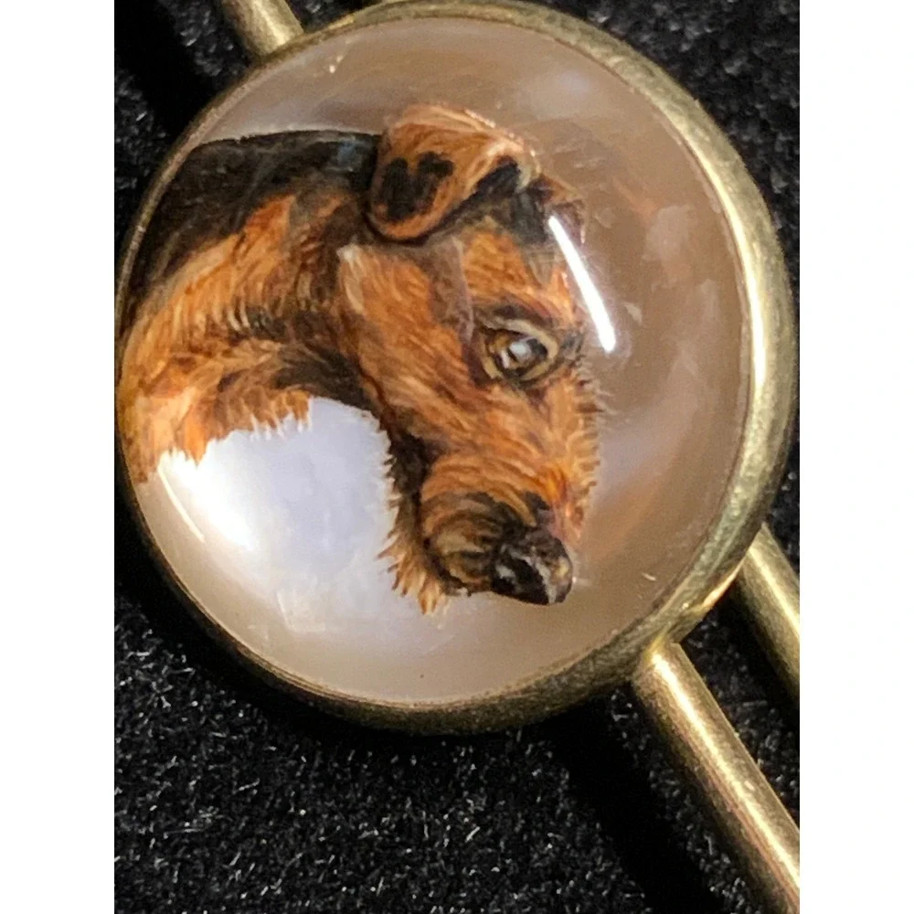 Antique 14K Gold Essex Crystal Airedale Terrier Dog Reverse Intaglio Bar Pin